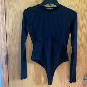 PrettyLittleThing Bodysuit Ribbed Long Sleeve Corset Detail Black Size 6‎